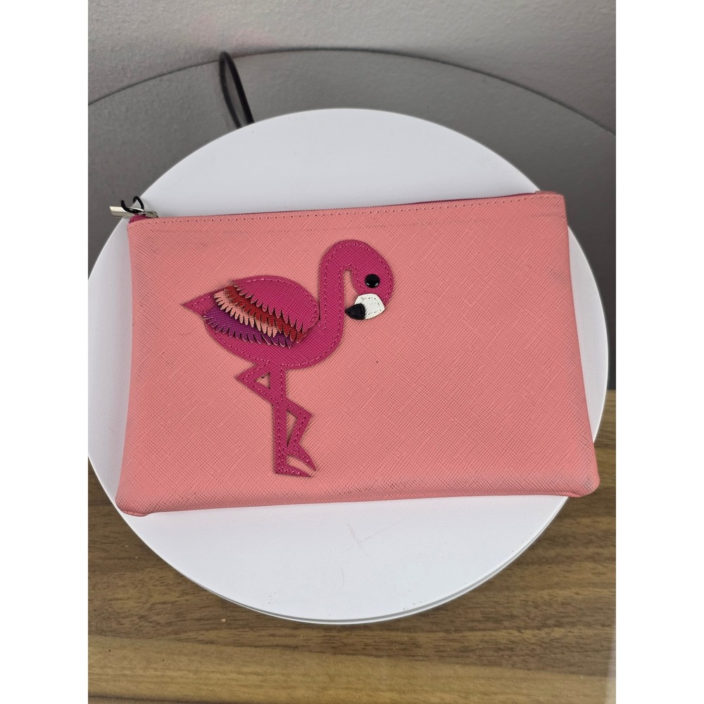 H&M Pink Saffiano Flamingo Applique Zip Pouch Makeup Bag Clutch Accessory
